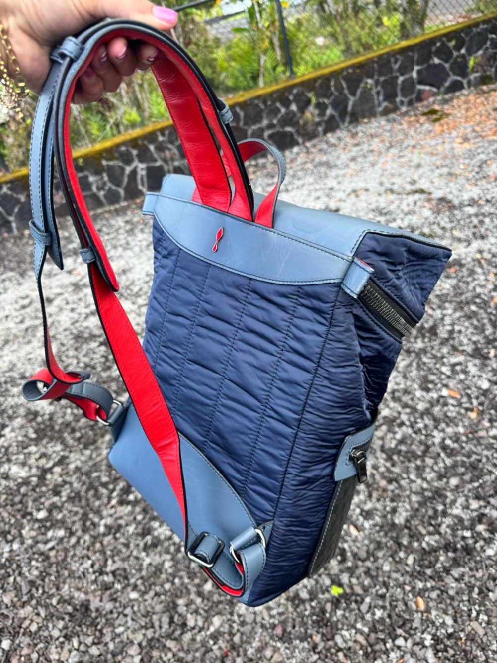 Christian Louboutin Apoloubi Blue Nylon & Leather Textured Backpack - Picture 6 of 16